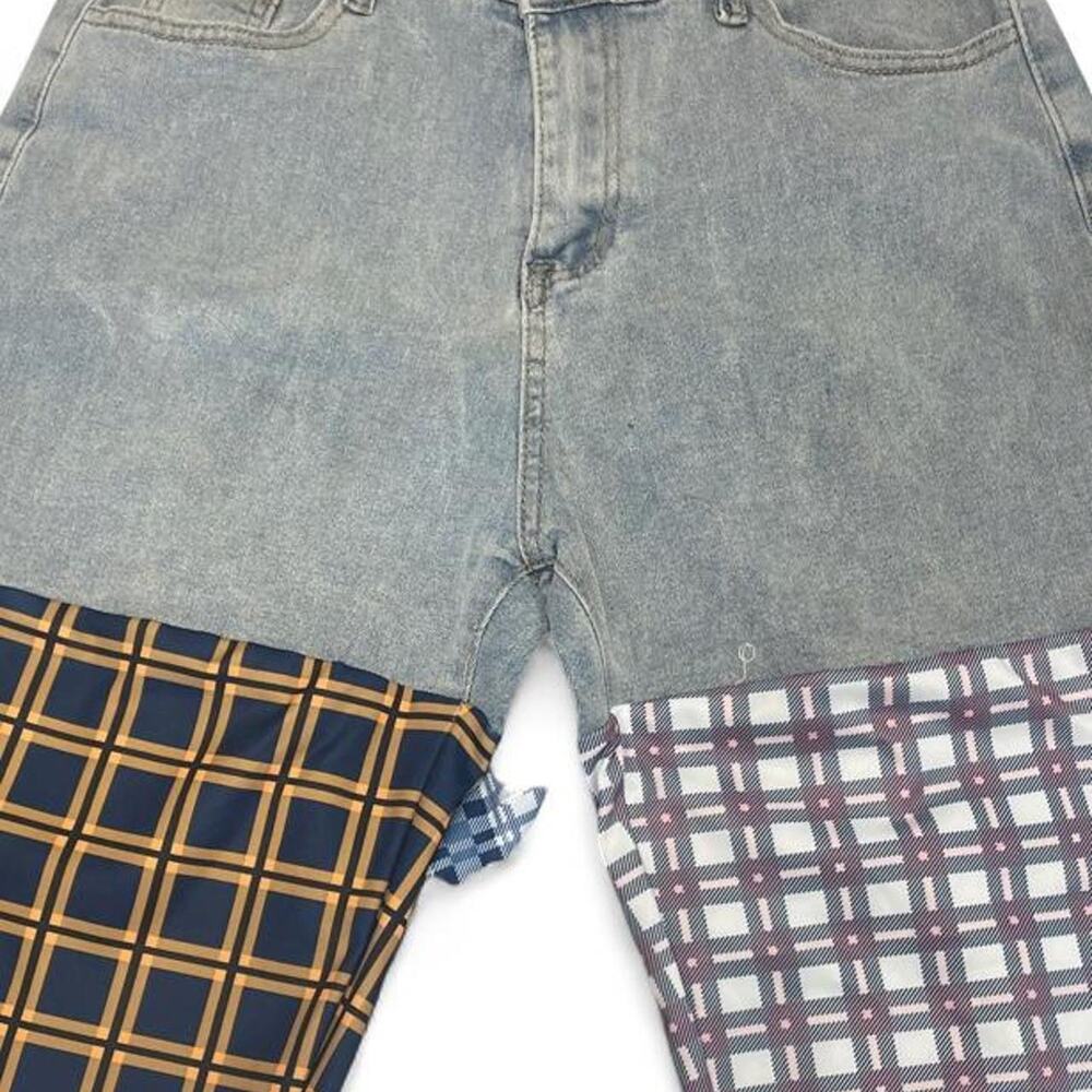 Patchwork denim shorts with plaid